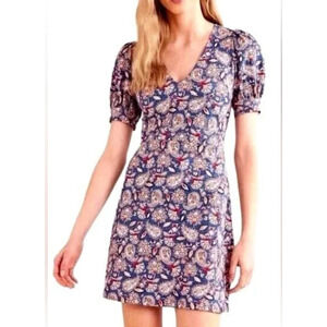 Women's Boden Navy Floral Print Puff Short Sleeve Cotton Knit Dress 12Long